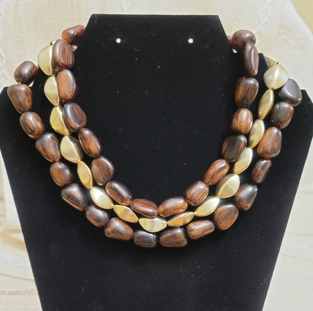 Three Strand Wooden Bead Choker Necklace